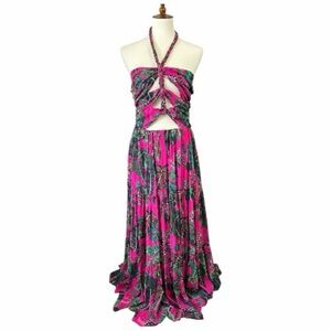 NWT FARM Rio Leaves Pink Maxi Dress Halter Top Sleeveless Tie Back Tropical Sexy